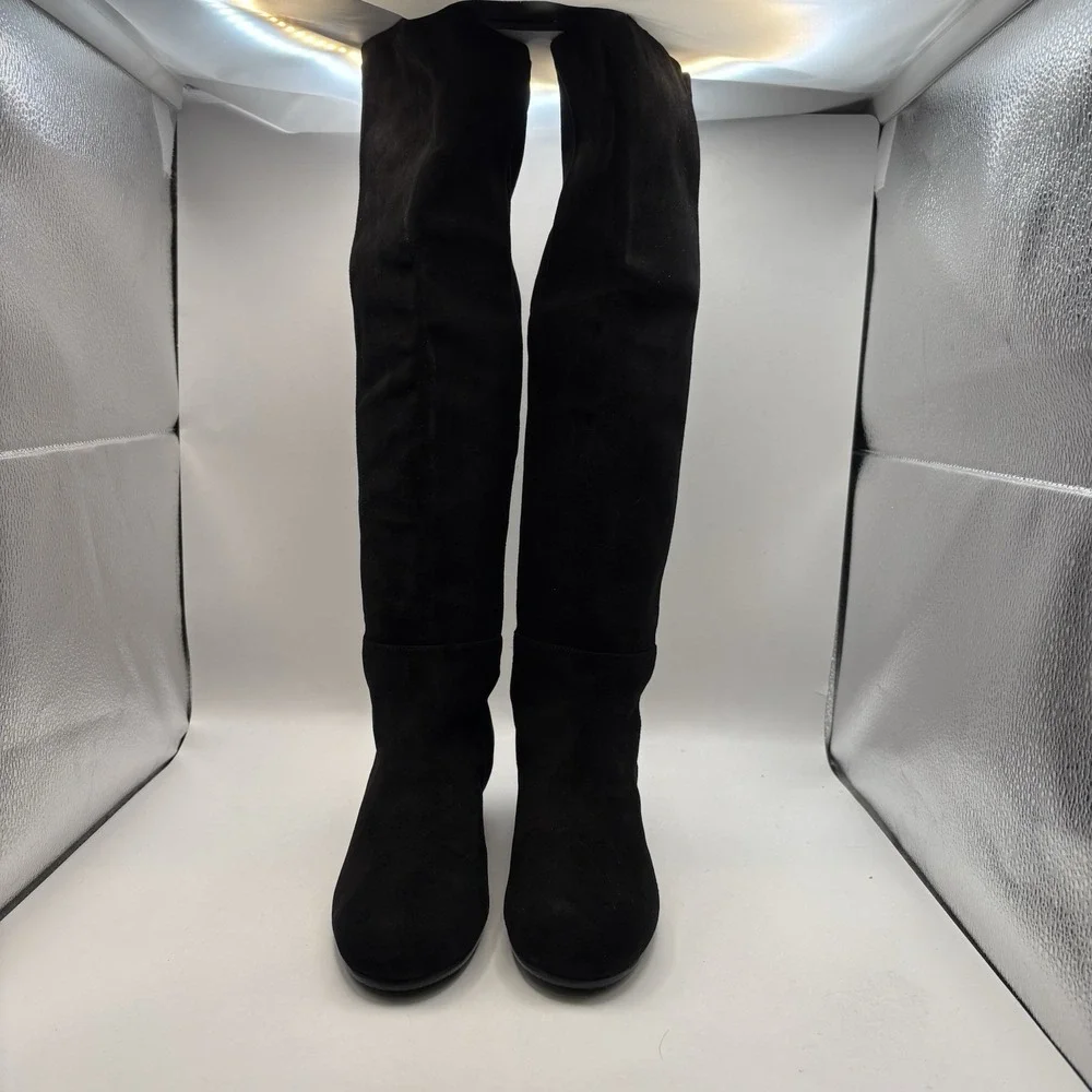 $695 Stuart Weitzman 5050 Mid Black Suede Knee Boot‎ with Elastic Back sz 6